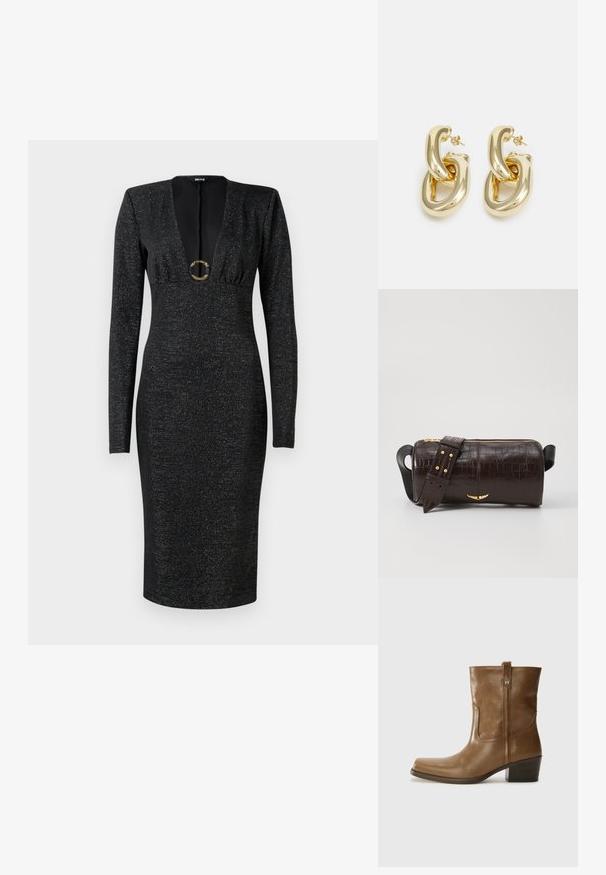 Musta pitkähihaine tiukka midi-mekko, jossa on syvä V-pääntie, gatheroitu rinta, hienovarainen kiiltävä kangas ja koristeellinen pyöreä kultainen solki keskellä edessä.; Ruske nahkasaappaat nilkkamittaisella leikkauksella, neliönmuotoisella kärjellä, teksturoidulla pinnalla ja alhaisella pinottavalla korolla. Varustettu takana olevan vetotarran ja huomaamattomilla ompeleilla.; Ruskea krokotiilinkuosilla varustettu nahkalaukku, jossa on sylinterimäinen muoto, kultasävyiset yksityiskohdat ja irrotettava hihna, jossa on niittejä.; Rabanne XL LINK DOUBLE HOOP EARRINGS - Korvakorut - gold-coloured