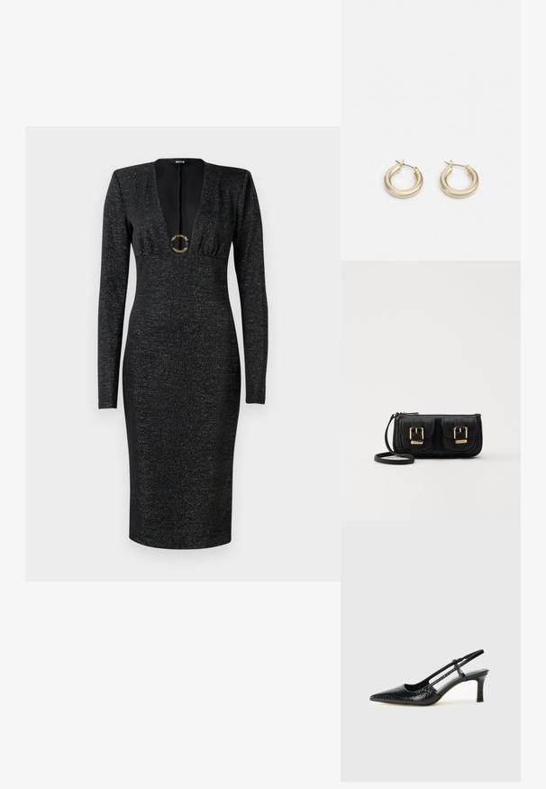 Čierne midi šaty s dlhým rukávom, priliehavé, s hlbokým véčkovým výstrihom, nariaseným vrchom, jemným lesklým materiálom a ozdobnou zlatou prackou v strede prednej časti.; Čierne patentové slingback topánky na ihlovom podpätku s špicatou špičkou, s textúrovaným hadím vzorom, nastaviteľným popruhom a krátkym, textúrovaným blokovým podpätkom.; Čierna kožená crossbody taška s dvoma prednými vreckami, zlatými sponami, zipsovým uzatváraním a úzkym popruhom. Štruktúrovaný povrch a kompaktný obdĺžnikový tvar.; Lauren Ralph Lauren BASIC SMALL HOOP - Náušnice - gold-coloured