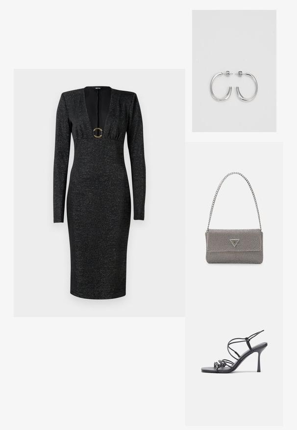Vestido midi justo de manga longa preto, com decote V profundo, busto franzido, tecido com brilho subtil e fivela redonda dourada decorativa no centro da frente.; As sandálias de salto alto pretas apresentam tiras finas com um design em nó, uma biqueira quadrada lisa e um elegante salto agulha.; Bolsa metálica cinza claro com uma alça de corrente, adornada com pequenos rebites metálicos circulares e um logótipo triangular da marca.; Brincos de argola prateados com um acabamento suave e brilhante. Forma arredondada, design leve, com fecho de pino.