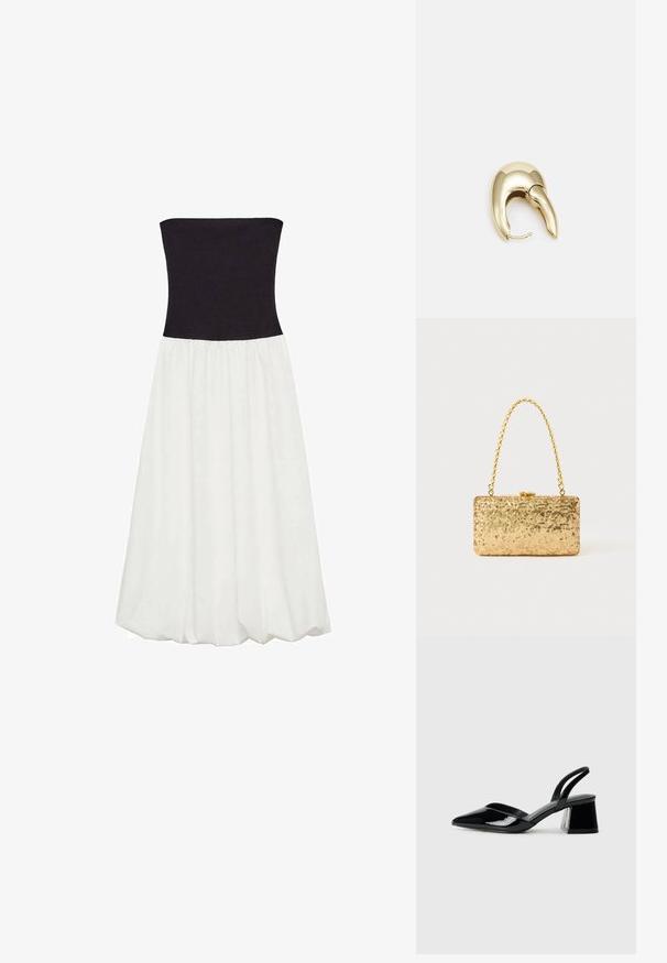Trägerloses Kleid mit schwarzem Oberteil und fließendem weißen Rock. Der Stoff ist glatt mit einer gerafften Taillennaht, die einen kontrastierenden Farbbereich erzeugt.; Schwarze Lackleder-Slingback-High Heels mit spitzem Schuh und einem geometrischen Blockabsatz. Verfügt über ein schlankes, minimalistisches Design und eine glatte Textur.; Goldene Pailletten-Clutch mit rechteckiger Form, ausgestattet mit einem gedrehten Kettenhenkel und einem Metallverschluss, der das Licht mit einer strukturierten Oberfläche reflektiert.; Ohrringe aus goldfarbenem Metall mit einem schlanken, geschwungenen Design. Sie verfügen über eine markante, spitze Form, eine polierte Oberfläche und einen Scharnierverschluss.