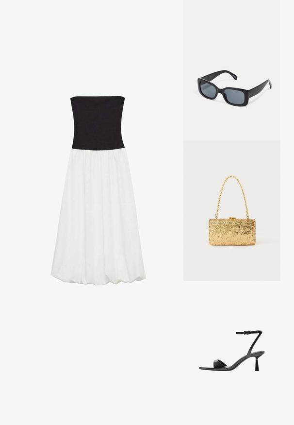 Trägerloses Kleid mit schwarzem Oberteil und fließendem weißen Rock. Der Stoff ist glatt mit einer gerafften Taillennaht, die einen kontrastierenden Farbbereich erzeugt.; Bershka High Heel Sandalette - black; Schwarze rechteckige Sonnenbrille mit dunkel getönten Gläsern, dickem Kunstrahmen und breiten Bügeln. Glatte Oberfläche und kantiges Design.; Goldene Pailletten-Clutch mit rechteckiger Form, ausgestattet mit einem gedrehten Kettenhenkel und einem Metallverschluss, der das Licht mit einer strukturierten Oberfläche reflektiert.