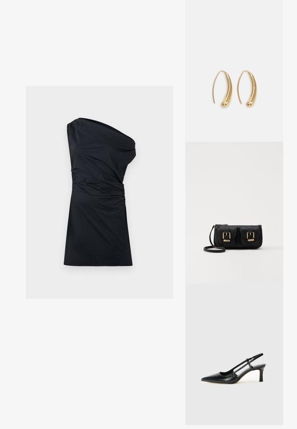 Čierne šaty na jedno rameno s nariasenou textúrou a dĺžkou do kolien. Vyrobené z jemného materiálu, s hladkým povrchom a minimalistickým dizajnom.; Čierne patentové slingback topánky na ihlovom podpätku s špicatou špičkou, s textúrovaným hadím vzorom, nastaviteľným popruhom a krátkym, textúrovaným blokovým podpätkom.; Čierna kožená crossbody taška s dvoma prednými vreckami, zlatými sponami, zipsovým uzatváraním a úzkym popruhom. Štruktúrovaný povrch a kompaktný obdĺžnikový tvar.; Náušnice vo forme zlatých kovových kruhov s zakriveným, predĺženým tvarom. Majú hladký, lesklý povrch a zaoblený koniec pre pridanie detailu.