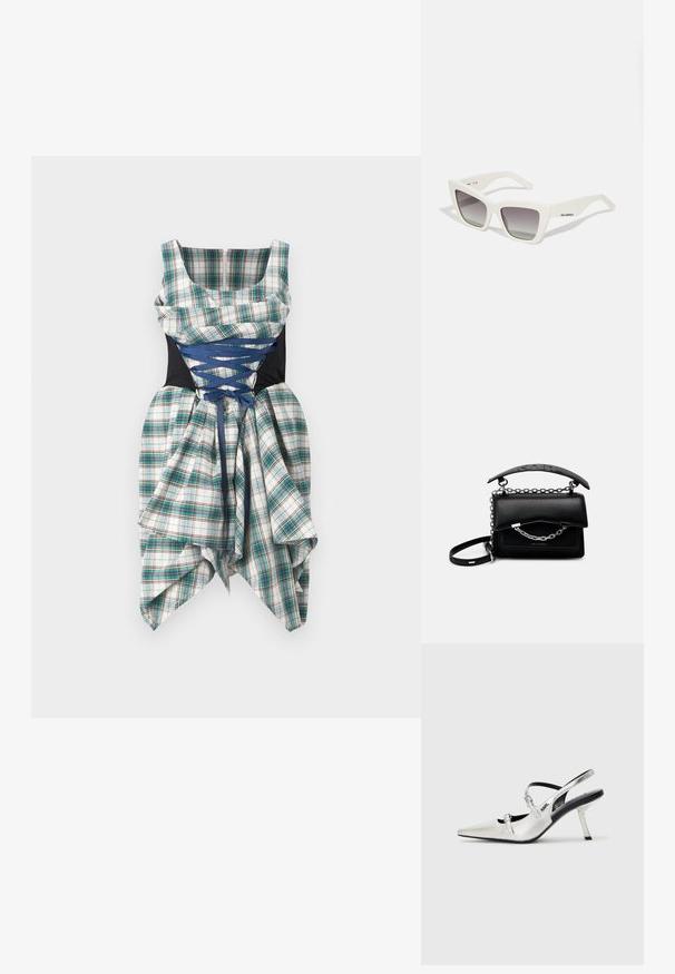 Karirasta obleka z modrimi čipkastimi podrobnostmi na črnem korzetu, z oblikovanim dekoltejem in asimetrično naborko.; Srebrne slingback pete s koničastim nosom, ki se ponašajo s gladkim kovinskim zaključkom, širokim petam in okrasnimi detajli na traku.; Bela prevelika sončna očala z mat površino, angularno obliko, gradientnimi sivozelenimi lečami in subtilnim logotipom na ročaju.; Črna usnjena torbica s strukturirano zasnovo, poudarki iz verige in ročaji ter teksturirana površina. Ima pokrov z vidno blagovno znamko.