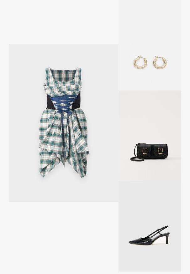 Rochie în carouri, cu detalii din dantelă bleumarin pe un corset negru, având o liniă de gât structurată și o fustă asimetrică, plisată.; Pantofi cu toc slingback negri din patent, cu vârf ascuțit, cu imprimeu de șarpe texturat, curea ajustabilă și toc scurt texturat.; Geantă neagră din piele, tip crossbody, cu două buzunare frontale, catarame aurii, închidere cu fermoar și o curea subțire. Suprafață texturată și formă rectangulară compactă.; Lauren Ralph Lauren BASIC SMALL HOOP - Cercei - gold-coloured
