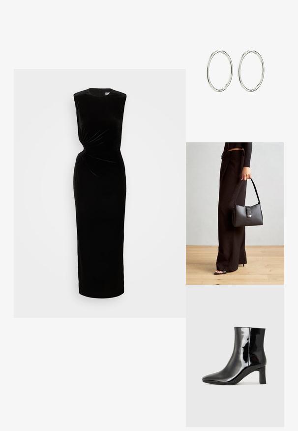 Musta samettinen ilmanhiha dressi, jossa on istuva yläosa, väänteinen yksityiskohta vyötäröllä ja pitkä, suora hame. Varustettu takana olevalla vetoketjulla.; Musta patenttilakattu nilkkuri, jossa on terävä kärki ja keskipitkä lohkarekorko. Silkkinen pinta ja minimalistinen muotoilu.; Musta käsilaukku, jossa on rakenteellinen muoto, sileä pinta ja metallinen solki. Yhdistetty leveisiin mustiin housuihin ja avonaiheisiin sandaaleihin puulattialla.; Hopeissa on sileä, kiillotettu pinta. Pyöreä muoto, kevyt rakenne ja turvallinen sulkuratkaisu.