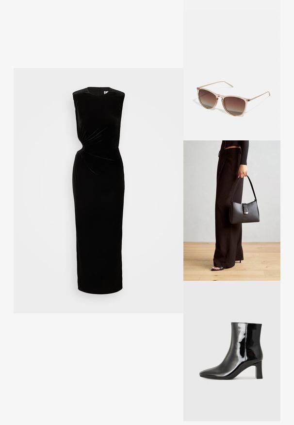 Abito senza maniche in velluto nero con corpino aderente, dettaglio a torsione in vita e gonna lunga e dritta. Presenta una chiusura con zip sul retro.; Stivaletto in pelle verniciata nera con punta a punta e tacco a blocco di altezza media. Texture liscia e design minimalista.; Occhiali da sole con gradiente marrone e una montatura traslucida rosa, forma quadrata e aste in metallo sottili. Presentano bordi arrotondati e dettagli minimali.; Borsa nera con forma strutturata, texture liscia e una chiusura metallica. Abbinata a pantaloni neri larghi e sandali open-toe su un pavimento in legno.