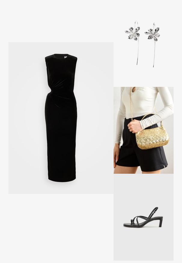 Fekete bársonyból készült, ujjatlan ruha, amelynek testhezálló felső része van, csavart részlettel a deréknál és hosszú, egyenes szoknyával. Hátul cipzáras záródással rendelkezik.; Fekete pántos szandál négyzetes orral és alacsony blokk sarkal. Több vékony pánttal és állítható boka pánttal rendelkezik. Sima bőrből készült.; Arany flitteres kézitáska téglalap alakú, rövid fogantyúval és hosszú láncos pánttal. A textúra fényes és visszaveri a fényt.; Ezüst virágformájú fülbevalók, texturált felülettel, hosszú akasztókkal és szirmokra hasonlító részletekkel az összetett dizájn érdekében.