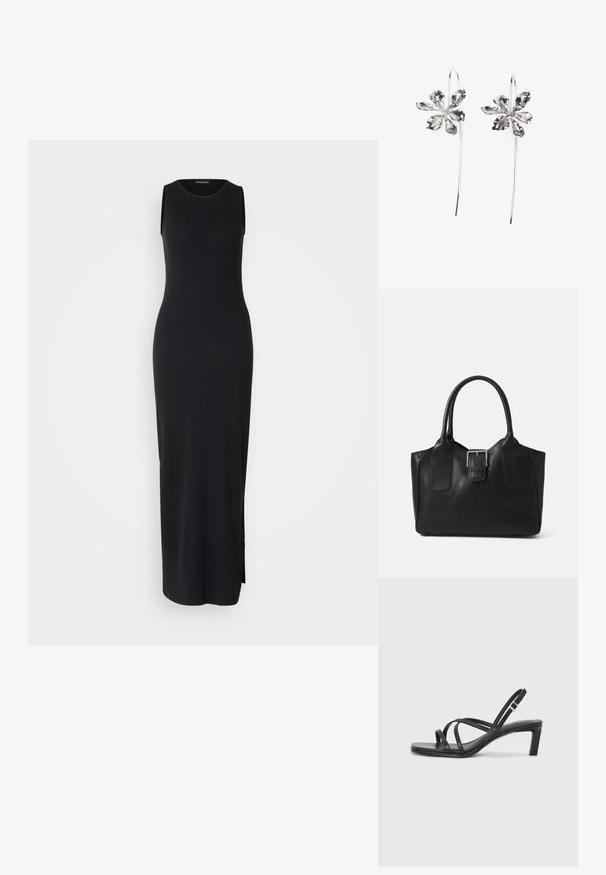 Mustmust pikk kleit, millel on sobiv siluett, ribakujuline tekstuur, ümar kaelus ja külgslits, et liikumine oleks mugav.; Mustast rihmajalatsid ruudukujulise varba ja madala ploki kontsaga. Omab mitmeid õhukesi rihmasid ja reguleeritavat pahkluu rihma. Valmistatud siledast nahast.; Mustgamma nahast kott, millel on sile tekstuur, struktureeritud kuju, kaks käepidet ja esiküljel silmapaistev hõbedane pandla detail.; Hõbedased lillekujulised kõrvarõngad tekstureeritud viimistlusega, pikal konksul ja kroonlehtedetaoliste detailidega, moodustades keeruka disaini.