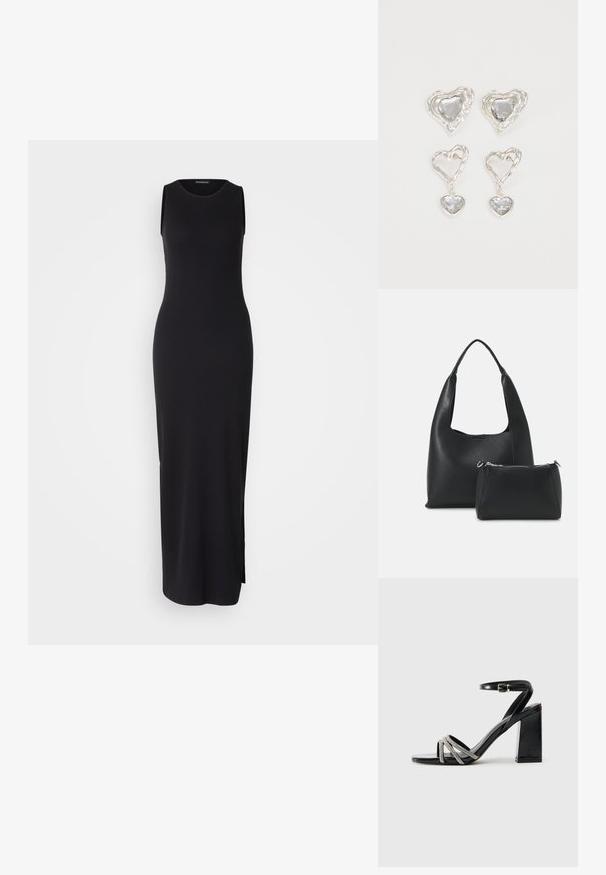 Rochie maxi neagră fără mâneci cu siluetă ajustată, textură côtelată, decolteu rotund și fante laterale pentru ușurința mișcării.; Sandală neagră cu toc în bloc, având o curea cu accente metalice și trei benzi încrucișate pe degetul mare.; Even&Odd Geantă de mână - black; Cerceii în formă de inimă argintie sunt decorați cu pietre clare fațetate, având un cadru texturat. Setul include stiluri cu buton și cu pandantiv.
