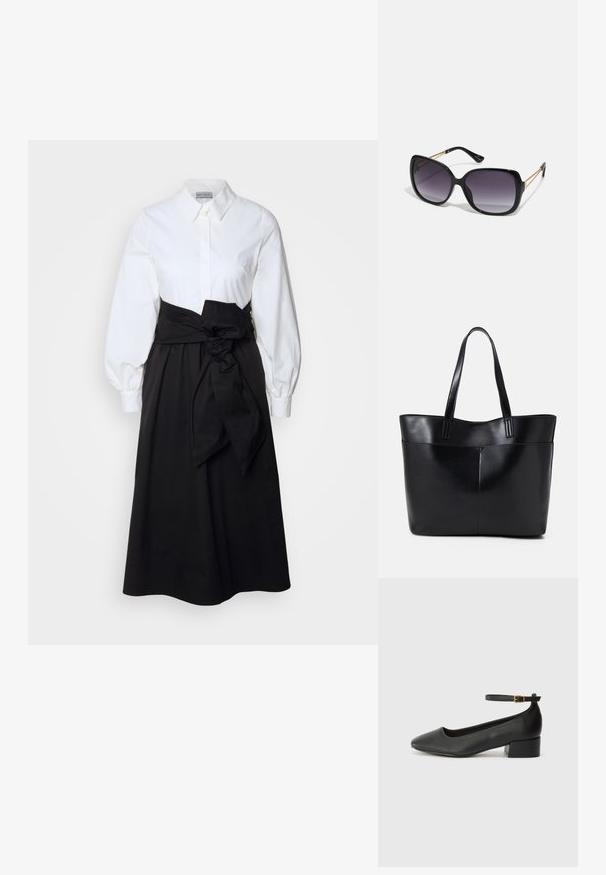 Witte blouse met lange pofmouwen, gecombineerd met een zwarte rok en een stoffen riem die op de taille is geknoopt, gemaakt van gladde katoen.; Zwarte leren pump met een spitse neus en een lage blokhak. Beschikt over een enkelband met een goudkleurige gespsluiting. Gladde textuur.; Zwarte oversized zonnebril met gradient glazen, dikke montuur en gouden kettingdetails op de pootjes.; Zwarte leren tote bag met twee lange handvatten, een zachte textuur en een gestructureerde vorm. Voorzien van een voorvak voor extra opslagruimte.