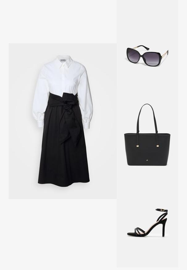Witte blouse met lange pofmouwen, gecombineerd met een zwarte rok en een stoffen riem die op de taille is geknoopt, gemaakt van gladde katoen.; Anna Field Sandalen - black; Zwarte oversized zonnebril met gradient glazen, dikke montuur en gouden kettingdetails op de pootjes.; Zwarte tote bag van synthetisch materiaal, met een eenvoudig rechthoekig ontwerp, gouden vierkante accenten en dubbele handvatten.