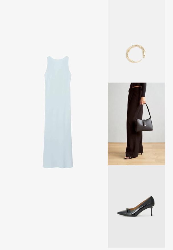 Svetlo modré, bezrukávové maxi šaty s okrúhlym výstrihom, vyrobené z hladkej látky, s jednoduchým, rovný siluetou a bez viditeľného kovania.; Čierna lakovaná vysoká podpätková topánka s ostrým špičkou, dekoratívnym remienkom vpredu a tenkým stiletto podpätkom.; Čierna kabelka so štruktúrovaným tvarom, hladkou textúrou a kovovou sponou. V kombinácii so širokými čiernymi nohavicami a sandálmi s otvorenou špičkou na drevenej podlahe.; Prsteň v zlatej farbe s organickým, skrúteným dizajnom, hladkým povrchom a zužujúcimi sa koncami, vytvárajúci moderný, sochársky vzhľad.