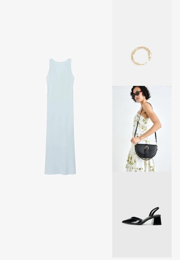 Svetlo modré, bezrukávové maxi šaty s okrúhlym výstrihom, vyrobené z hladkej látky, s jednoduchým, rovný siluetou a bez viditeľného kovania.; Čierne lakované kožené sandálové podpätky s špicatou špičkou a geometrickým blokovým podpätkom. Disponujú elegantným, minimalistickým dizajnom a hladkým povrchom.; Čierna kožená kabelka s zaobleným tvarom, odnímateľným popruhom a zlatými doplnkami. Kabelka má klopu s detailom s prackou.; Prsteň v zlatej farbe s organickým, skrúteným dizajnom, hladkým povrchom a zužujúcimi sa koncami, vytvárajúci moderný, sochársky vzhľad.