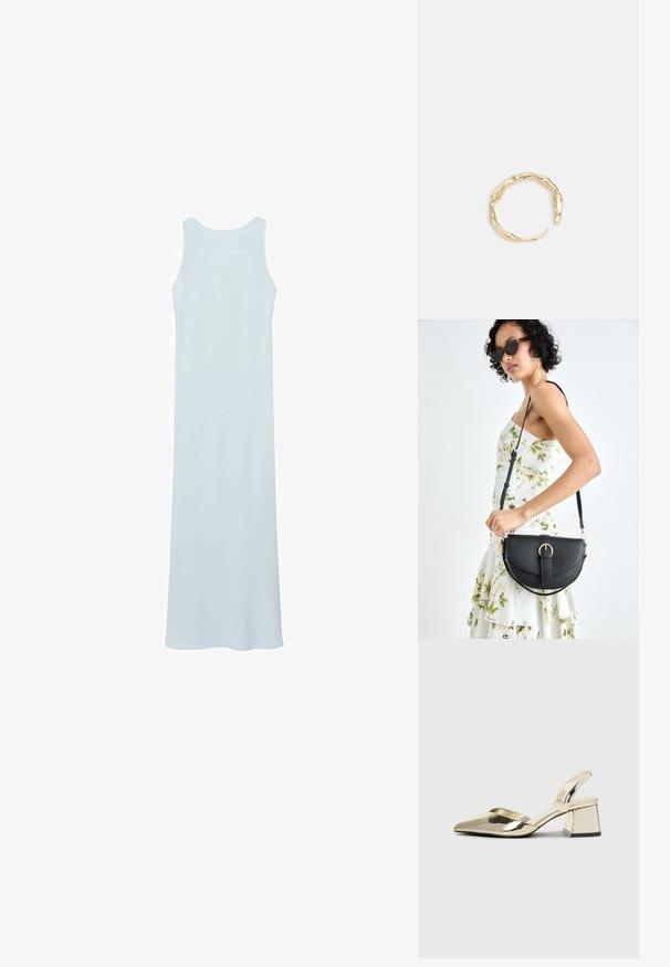 Svetlo modra, brezrokavna maxi obleka s krožnim izrezom, narejena iz gladkega blaga, ki ima preprost, raven kroj in brez vidne opreme.; Zlati, kovinski slingback čeveljci z ostrim nosom in masivnim peto. Gladka tekstura, minimalistična zasnova in ozka zanka.; Črna usnjena torbica s ukrivljeno obliko, z odstranljivo naramnico in zlatimi dodatki. Torbica ima pokrov s podrobnostmi v obliki zaponke.; Zlati prstan s organskim, zvitim dizajnom, gladko površino in taperiranimi konci, ki ustvarja modernega, skulpturalnega videza.