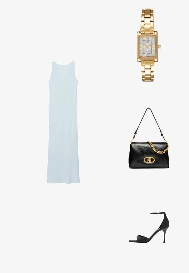 Rochie lungă, fără mâneci, de culoare albastru deschis, cu decolteu rotund, confecționată dintr-un material neted, având o siluetă simplă, dreaptă și fără accesorii vizibile.; Mango Sandale cu toc - black; Geantă de umăr din piele neagră cu textură plisată, accent de lanț aurit și o clapetă aurie proeminentă cu un logo oval. Rucsă ajustabilă.; Ceas de mână rectangular cu nuanță aurie, cu un cadran alb, marcaje argintii pentru ore și o brățară din linkuri metalice durabile. Include caracteristica de rezistență la apă.