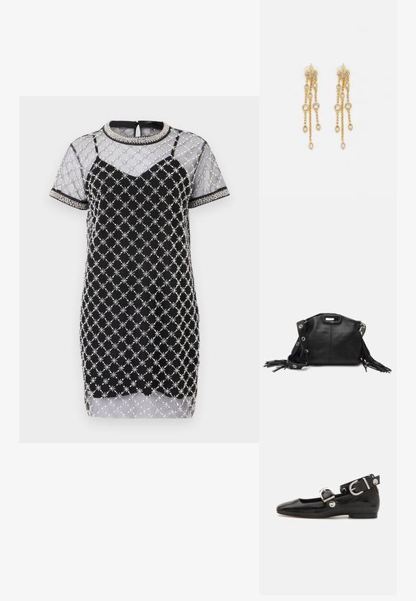 Maje RITULLE - Robe de soirée - noir; Ballerine en cuir verni noir avec un bout carré, sangle de cheville avec des détails en métal argenté et semelle plate. Texture lisse avec un design minimaliste.; Maje MISS MINI - Sac bandoulière - noir; Boucles d'oreilles en ton or avec plusieurs chaînes en cascade, présentant des accents en strass ovales transparents et des dessus à clous décoratifs.
