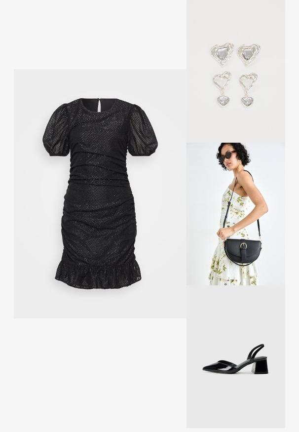Svart mini-kjole med puffede ermer, rynket detaljering, strukturert stoff og volangkant. Lukkes med glidelås i ryggen.; Svarte patentlær slingback hæler med spiss tå og geometrisk blokk hæl. Har et stilrent, minimalistisk design og jevn tekstur.; Svart lærveske med en buet form, avtagbar stropp og gullbeslag. Vesken har et klaff med spenne-detall.; Sølv hjerteformede øredobber har fasetterte klare steiner med en teksturert ramme. Sett inkluderer både stud- og hengende stiler.