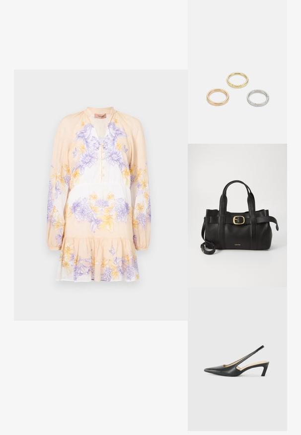TWINSET DRESS - Vapaa-ajan mekko - lavender/yellow; Musta, kärjeltään terävä slingback-kengä, jossa on matala korko. Kengässä on sileä nahkamateriaali ja sivuilla leikkaukset hengittävyyttä varten.; Musta nahkakäsilaukku, jossa on struktuurinen muotoilu, kaksoiskahvat, kultasävyinen solkiaksentti ja kohokuvioitu brändilogo edessä.; Kolme metallirengasta: yksi ruusukultainen, yksi kultainen teksturoiduilla yksityiskohdilla ja yksi hopeinen, kaikki kaiverretulla brändäyksellä sisäpuolella.