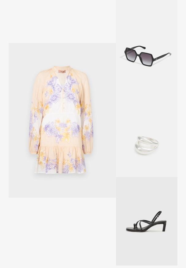 TWINSET DRESS - Kasdienė suknelė - lavender/yellow; Juodi šlepetės su kvadratiniu pirštu ir žemu bloku kulnu. Yra keli ploni dirželiai ir reguliuojamas kulkšnies diržas. Pagaminti iš lygios odos.; Juodos šešiakampės saulės akinių su gradientiniais lęšiais, turinčių blizgų paviršių ir subtilų prekės ženklą ant šventyklos. Patvari plastikinė konstrukcija.; Sidabrinis dvigubas žiedas su lygiu, poliruotu paviršiumi. Pasižymi sklandžiu, kreiptu dizainu su persipinančiomis dalimis, suteikiančiomis modernų išvaizdą.