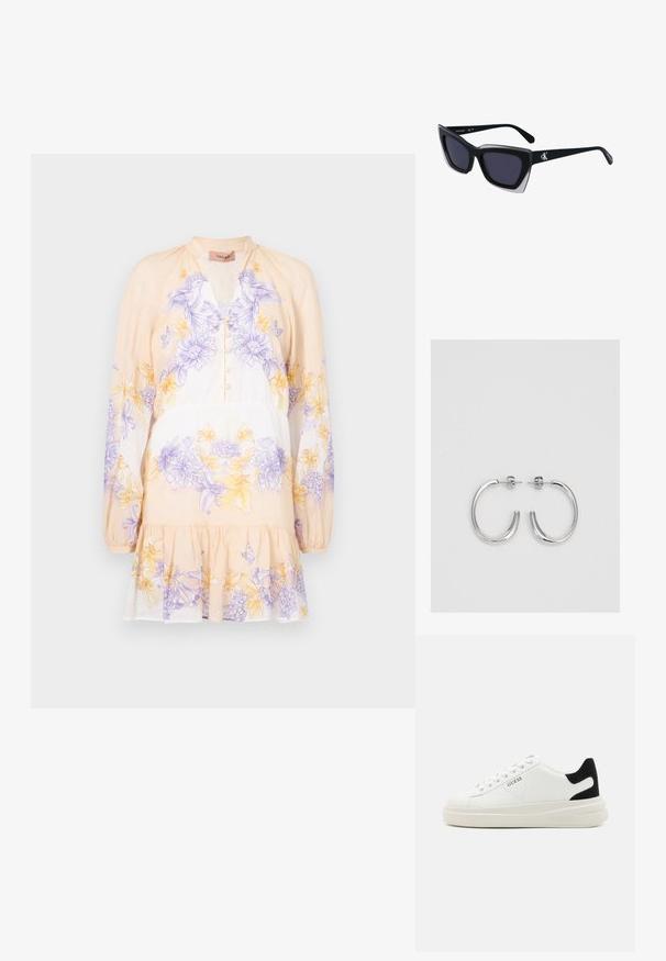 TWINSET DRESS - Rochie de zi - lavender/yellow; Adidași din piele albă cu o talpă groasă albă, accent de călcâi din suede negru și logo embosat pe lateral. Design cu șireturi și șase orificii.; Ochelari de soare supradimensionați, negri, cu o formă geometrică, având lentile întunecate și un detaliu gri contrastant pe ramă. Logo pe braț.; Cercei creole din argint cu suprafață netedă și lucioasă, având o formă curbată și închidere cu tija. Design minimalist cu un finisaj modern.