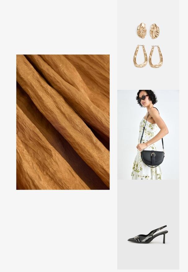 Zkrčená látka v teplom, zemskom hnedom tóne s textúrovaným povrchom, zavesená a prekrývajúca sa v jemných, plynulých záhyboch.; Čierne lakované kožené slingback topánky s špicatou špičkou, remienkami okolo členku s striebornými prackami a hardvérom, a štíhlým podpätkom.; Čierna kožená kabelka s zaobleným tvarom, odnímateľným popruhom a zlatými doplnkami. Kabelka má klopu s detailom s prackou.; Náušnice v zlatej farbe s textúrovanými, vlnitými tvarmi. Obsahujú sochárske klipsové náušnice a otvorený tvar krúžku s kladivkovým povrchom.
