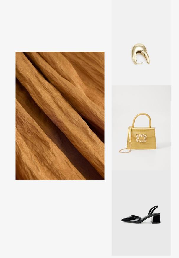 Tessuto stropicciato in una calda tonalità marrone terra con una finitura testurizzata, drappeggiato e sovrapposto in morbide pieghe fluide.; Décolleté in vernice nera con punta affusolata e tacco in geometria cubica. Presentano un design elegante e minimalista, con una texture liscia.; Borsa finta coccodrillo gialla con design strutturato, manico superiore, tracolla a catena removibile e abbellimenti in cristallo decorativi sulla chiusura.; Orecchino in metallo color oro con un design elegante e curvo. Presenta una forma appuntita distintiva, superficie lucida e chiusura a cerniera.