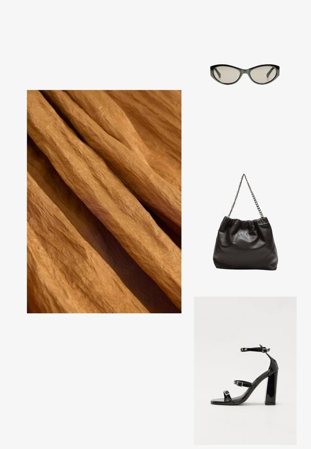 Folderet stof i en varm, jordnær brun tone med en tekstureret finish, draperet og overlappende i bløde, flydende fold.; Sorte patenterede hælsandaler med firkantet tå, ankelremme og sølvspænder. Har en chunky blokHæl for stabilitet.; Sorte cat-eye solbriller med gråtonede linser. Plastikrammen har skarpe kanter og en glat, blank finish.; Brun lædertaske med en rynket top og en kædestrop. Glat tekstur med en blank finish og subtile sømdetaljer på siderne.