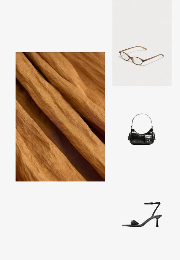 Nostatna kangas soojades, maapinnas pruunis toonides, millel on tekstureeritud viimistlus, voolab pehmete, laineliste voldikena.; Bershka Korolliset sandaalit - black; Ruskeat kilpikonnaruutulasiset silmälasit, joissa ovaalit linssit, ohuet varret ja läpinäkyvät yksityiskohdat. Temppeleissä on huomaamaton logo. Suunnittelultaan suora ja kevyt.; Mustekko mustasta kiiltonahasta valmistettu käsilaukku, jossa on kaareva muoto, yksi olkahihna, etutaskut ja hopeanväriset yksityiskohdat.