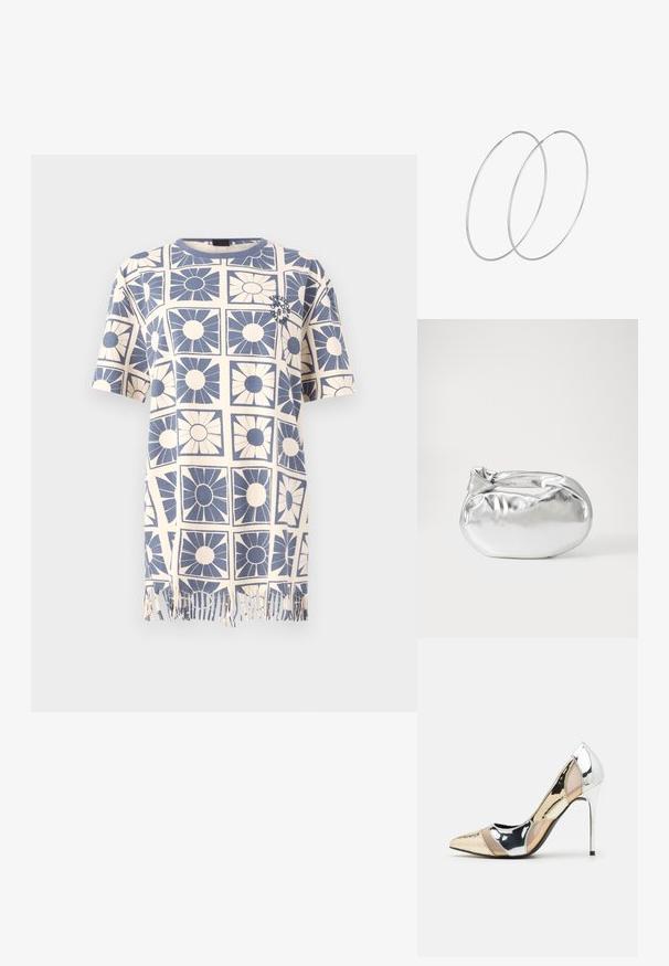 Blue and cream cotton T-shirt with a floral pattern, short sleeves, round neckline, and fringe detail at the hem.; Pointed-toe high heel shoe with a silver, gold, and nude color scheme. Glossy finish with cutout design, featuring a stiletto heel.; Silver metallic pouch bag with a soft, rounded shape and a knotted top closure. Made from smooth faux leather material.; Silver hoop earrings with a minimalist design. Circular shape, smooth texture, and thin profile. Lightweight with a polished finish.