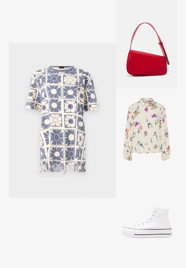 Κοντομάνικο μπλουζάκι από βαμβάκι με σχέδιο λουλουδιών σε μπλε και κρεμ χρώμα, με φ fringe στο στρίφωμα. Ευθεία γραμμή και σχέδιο με κανονική λαιμόκοψη.; Λουλουδάτη μπλούζα με μακριά φουσκωτά μανίκια, σε απαλό κρέμ χρώμα, που διαθέτει μωβ, πορτοκαλί και πράσινα λουλουδάτα μοτίβα, καθώς και κλασικό σχέδιο γιακά.; Λευκό ψηλό καμβαδάκι αθλητικό παπούτσι με μαύρη καουτσούκ σόλα, πρόσθιο καουτσούκ καλύμματος δακτύλου και έξι οπές για κορδόνια, με μια καθαρή και μίνιμαλ σχεδίαση.; Κόκκινη δερμάτινη τσάντα χειρός με γωνιακό, γεωμετρικό σχέδιο. Διαθέτει έναν ρυθμιζόμενο ιμάντα και κλείσιμο με καπάκι που έχει ραφές.
