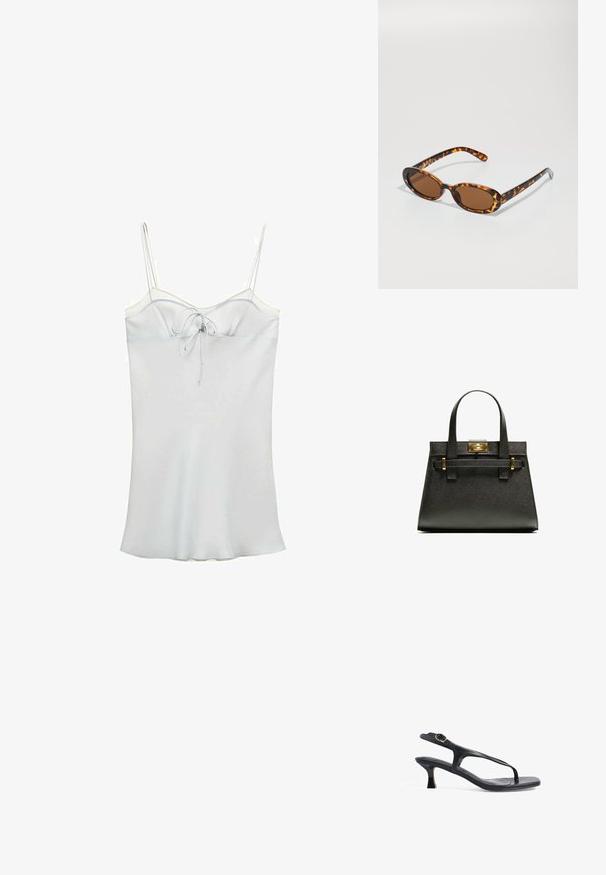 Bela majica na bretele z dolgimi trakovi, z vezanim detajlom spredaj. Narejena iz gladkega materiala z rahlo razširjenim robom.; Črne usnjene sandale z ozkim dizajnom, tankimi trakovi in majhno peto. Imajo poudarek na sponki in gladko teksturirano podplato.; Želve kreme sončna očala z ovalnimi okvirji, rjavimi lečami in tankimi črnimi ročaji, ki imajo subtilne vzorčne akcentne podrobnosti.; Črna strukturirana toaletna torba z kratkimi ročaji, ki ima zlat zaklep in poudarke. Oblikovanje je strukturirano, s geometrijsko silhueto.