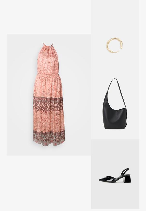 Maxi kjole i blød ferskenfarvet stof med halterneck. Har blomsterprint, elastisk talje og dekorativ kant i mørk maroon og grå.; Sorte patentlæder slingback hæle med spids tå og en geometrisk blok hæl. Har et elegant, minimalistisk design og en glat tekstur.; Sort læder hobo taske med en glat overflade, buet form og en enkelt justerbar rem; har en bred åbning øverst.; Guld-tone ring med et organisk, snoet design, glat overflade og affasede ender, hvilket skaber et moderne, skulpturelt udseende.