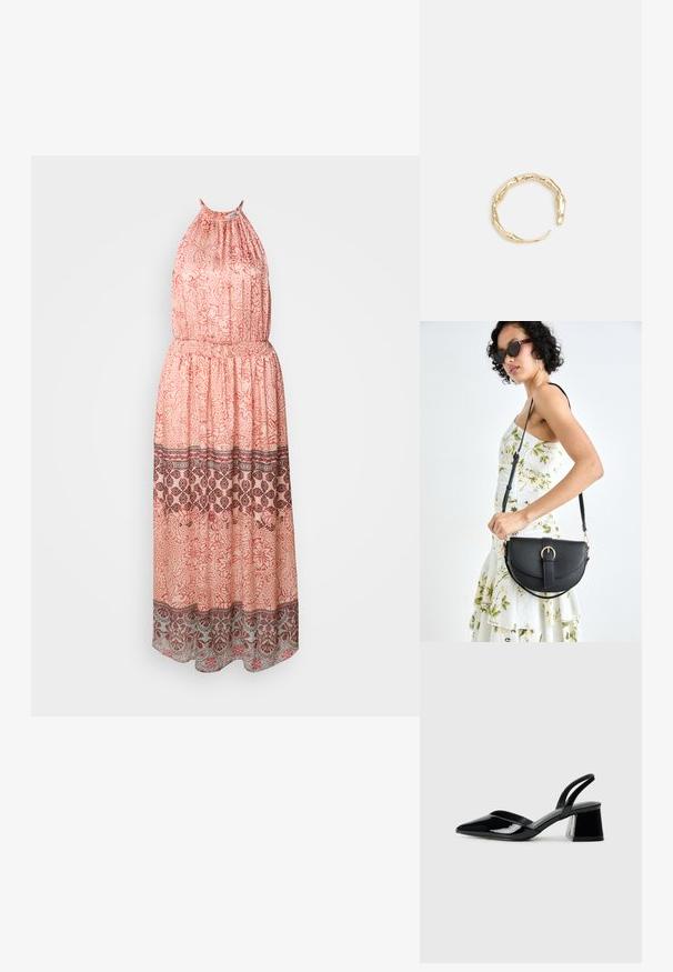 Maksikleit pehmest virsiku kangast, millel on kaeluse hoidik. Omab lillemotiive, elastset vöökohta ja dekoratiivset äärt tumepunase ja halliga.; Mustad musta lakknahk kingad, millel on terav varvas ja geomeetriline plokkkonts. Omab elegantselt minimalistlikku disaini ja sujuvat tekstuuri.; Mustmust mustraha kõverate joontega, eemaldatava rihmaga ja kuldsete detailidega. Kotil on klapp, millel on pandladetail.; Kuldtoonis sõrmus, millel on orgaaniline, keerdunud disain sileda tekstuuri ja kitsenevate otstega, luues kaasaegse skulptuurilise välimuse.