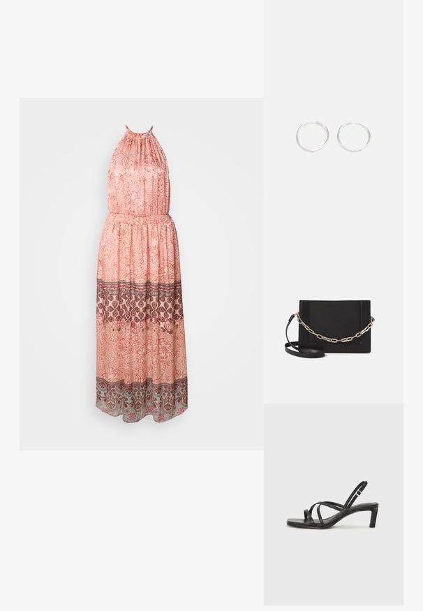 Rochie maxi dintr-un material piersiciu moale cu decolteu halter. Prezintă modele florale, talie elastică și o margine decorativă în maron închis și gri.; Sandal cu barete negre, cu vârf pătrat și toc mic de bloc. Prezintă mai multe barete subțiri și o bareta ajustabilă la gleznă. Fabricat din piele netedă.; Geantă de umăr din piele neagră, cu o textură netedă, formă rectangulară și un detaliu din lanț metalic în față. Include curea reglabilă.; Cercei din argint cu un design elegant și rotund, având o suprafață netedă și fără embellismente vizibile. Diametrul nu este specificat.