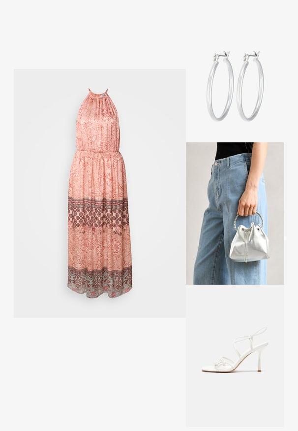Maxi šaty z mäkkej broskyňovej látky s halter výstrihom. Obsahujú kvetinové vzory, elastický pás a dekoračný okraj v tmavom vínovom a šedom.; Biele sandále na vysokom podpätku so štíhlym remienkom okolo členku a plochou základňou na prsty, textúrovaný predok so zhluky akcentov.; Metalická strieborná kabelka s textúrovaným povrchom, zdobená striebornou okrúhlou rukoväťou a uzáverom na šnúrku, držiaca sa pred svetlo modrými džínsami.; Strieborné kruhové náušnice s hladkým, lesklým povrchom. Kolový tvar a bezpečné klikanie na uzatváranie. Ľahký dizajn vhodný na každodenné nosenie.