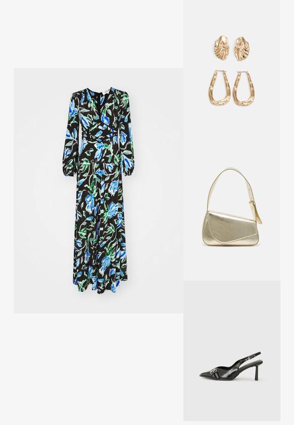 Diane von Furstenberg SELINE DRESS - Maksi suknelė - blue; Juodas lakuotas odinis batelis su smailiu pirštu, kulkšnies dirželiais su sidabrinėmis sagtimis ir detalėmis, bei plonu kulnu.; Aukso metalinės rankinės su struktūrizuotu dizainu, lygaus paviršiaus ir reguliuojama dirželiu. Pasižymi unikaliu trikampiu pavidalu ir minimalizmu siuvinėjime.; Auksinės auskarai, turintys tekstūruotus, bangų formos elementus. Įeina skulptūriniai segami auskarai ir atviri lankai su išmuštu paviršiumi.