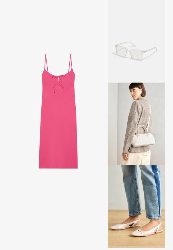 Vestido rosa ajustado con tirantes finos, que presenta un detalle de lazo en el escote y una tela suave y ligera. Sin estampados ni adornos.; Bailarinas de color rosa pálido con tiras traseras y punta puntiaguda, fabricadas con un material similar al cuero suave. Presentan detalles recortados en los laterales y un tacón plano.; Gafas cuadradas de plástico transparente con lentes translúcidos, que cuentan con acentos dorados en las patillas para un detalle adicional.; Bolso estructurado blanco con asas cortas y una correa para el hombro, que presenta detalles en dorado y material texturizado, exhibido sobre un fondo gris.