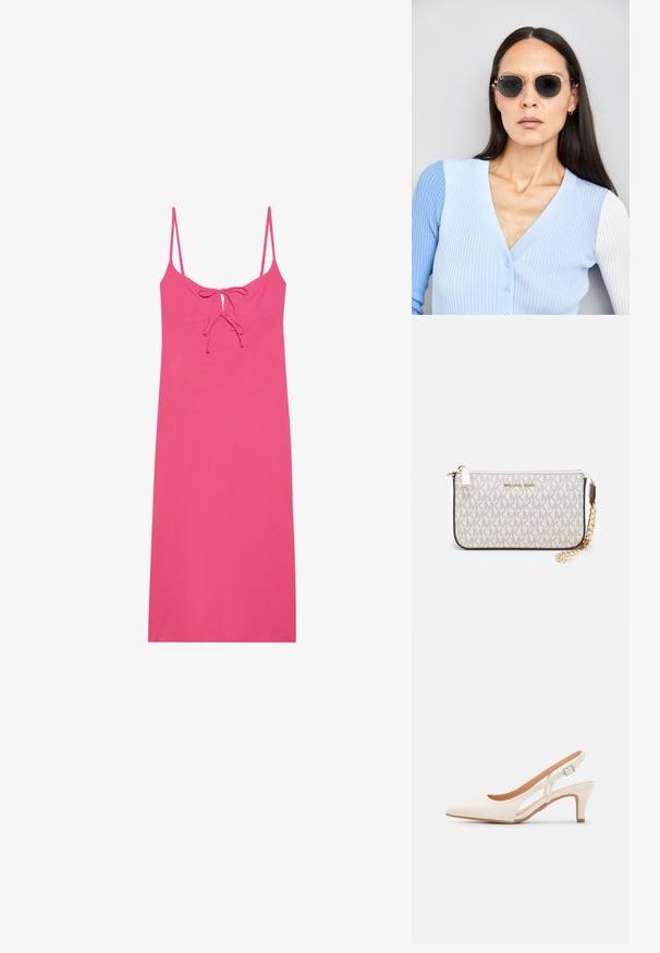 Sobeladunud roosa kleit õhukeste rihmadega, millel on sõlme detail kaeluses ja sile, kerge kangas. Ilma mustrite ja aksessuaarideta.; Valge slingback konts, terava ninaga, siledast ülemisest materjalist, madala ploki kontsaga ja külgse nähtavusega ning reguleeritava pandla rihmaga.; Ringikujulised prillid tumedate läätsede ja kullast raamiga. Mudel on selga pannud helesinise soonikuga kardigani, millel on nupud ja kontrastsed valged varrukad.; Michael Korsi randmevõru beige kaetud kangast, millel on korduv MK logo muster, kuldne riistvara ja eemaldatav ahelistrap.