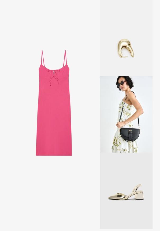 Sobeladunud roosa kleit õhukeste rihmadega, millel on sõlme detail kaeluses ja sile, kerge kangas. Ilma mustrite ja aksessuaarideta.; Kuldne, metallilised slingback-kudumid terava varba ja paksu kontsaga. Sile tekstuur, minimalistlik disain ja kitsas rihm.; Mustmust mustraha kõverate joontega, eemaldatava rihmaga ja kuldsete detailidega. Kotil on klapp, millel on pandladetail.; Kuldtooni metallist kõrvarõngas, millel on elegantne ja kaarjas disain. Omab silmapaistvat teravat kuju, poleeritud pinda ja hingesulgemist.