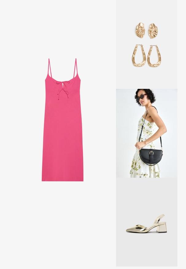 Tettsittende rosa kjole med tynne stropper, med en knyting ved halslinjen og et glatt, lett stoff. Ingen mønstre eller detaljer.; Gull, metallisk slingback-hæler med spiss tå og chunky hæl. Glatt tekstur, minimalistisk design og en smal stropp.; Svart lærveske med en buet form, avtagbar stropp og gullbeslag. Vesken har et klaff med spenne-detall.; Gullfargede øredobber med teksturerte, bølgete former. Inkluderer skulpturelle klipsstuds og åpen hoop-design med en hamret finish.