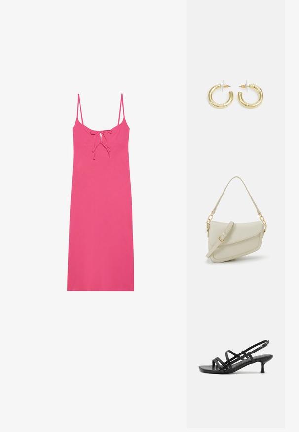 Vaaleanpunainen, vartalonmyötäinen mekko ohuilla olkaimilla, jossa on solmittava yksityiskohta kaula-aukossa ja sileä, kevyt kangas. Ei kuvioita tai yksityiskohtia.; Musta korkeakorkoiset sandaalit, joissa on useita ristikko-nauhoja. Sileä materiaali, teräväkärkinen malli ja kapea korko. Säädettävä nilkkahihna soljella.; Pieni kerma beige käsilaukku, jossa on teksturoitu pinta, pitkä säädettävä olkahihna, ketjua korostava yksityiskohta ja läppälukko. Kultaista metalliosaa.; Kultaketjut kullasta, joissa on sileä, kiiltävä pinta. Pyöreä muotoilu, jossa on pieni tappi ja kirkas taustalevy turvalliseen käyttöön.