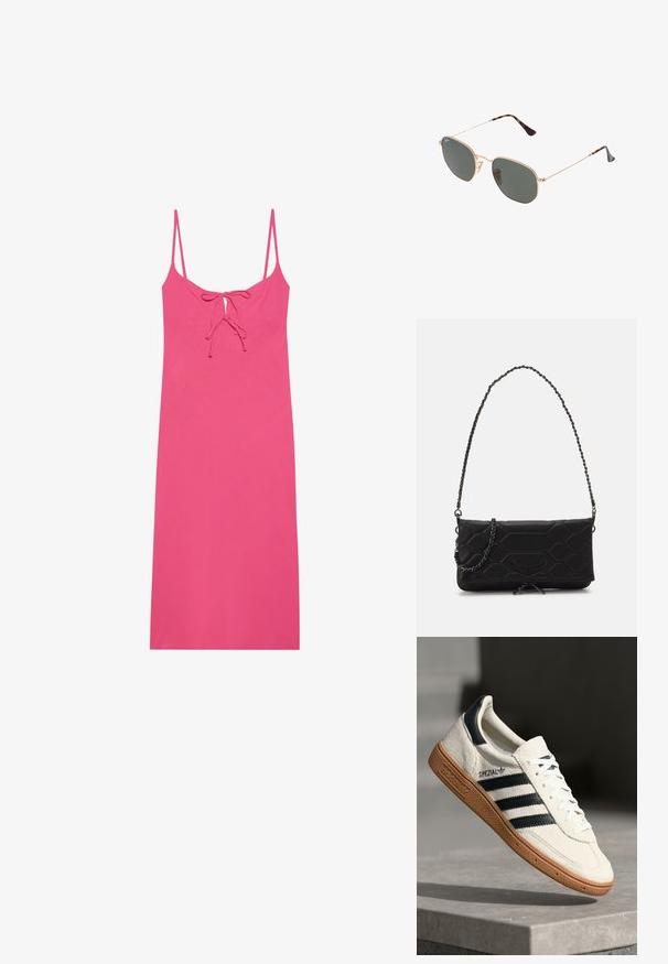 Rochie roz ajustată cu bretele subțiri, având un detaliu cu funda la decolteu și un material neted, ușor. Fără modele sau accente.; Sneakers albe din suede cu dungi bleumarin, talpă din cauciuc, suprafață texturată, bot rotund și șireturi; prezintă brand pe lateral și pe limbă.; Ochelari de soare cu ramă din metal auriu și lentile de culoare verde închis, stil aviator, cu brațe subțiri și accente din fâscă pe vârfuri.; Geantă din piele sintetică matlasată neagră, cu un curea din lanț, având un model hexagonal și un detaliu decorativ sub formă de aripă în partea din față.