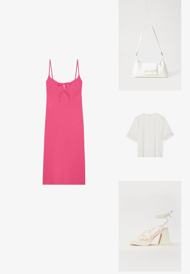 Vestido rosa justo com alças finas, apresentando um detalhe de laço na gola e um tecido liso e leve. Sem padrões ou detalhes.; T-shirt branco de manga curta feito de algodão, com bainha de renda decorativa nas mangas e decote redondo.; Sandálias brancas de salto alto com um salto robusto, apresentando um design com tiras e amarração no tornozelo. Textura suave com uma plataforma na frente para altura adicional.; Mala sintética branca com formato triangular, aba frontal plana e detalhe de laço, alça ajustável, textura suave e design minimalista.