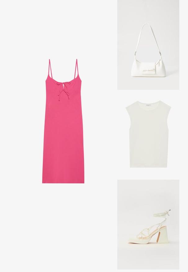 Dopasowana różowa sukienka na cienkich ramiączkach z detalem w postaci węzła na dekolcie oraz gładkiego, lekkiego materiału. Bez wzorów ani akcentów.; Biała bezrękawnik z okrągłym dekoltem. Wykonana z gładkiego materiału, ma luźny krój i minimalistyczny design. Bez wzorów ani akcentów.; Biała sandał na wysokim obcasie z masywnym słupkiem, z paskowym wzorem i wiązaniem przy kostce. Gładka faktura z platformą z przodu dla dodatkowej wysokości.; Biała syntetyczna torba o trójkątnym kształcie, płaskim przednim klapce i detalach w postaci kokardy, regulowanym pasku, gładkiej fakturze oraz minimalistycznym designie.