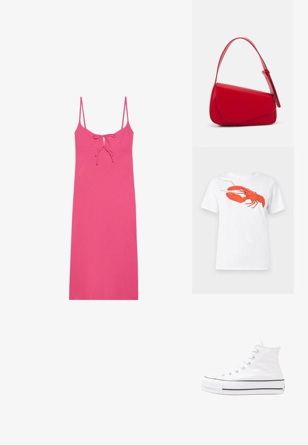 Pielāgota rozā kleita ar plāniem siksniņām, kurai ir necaurspīdīgas detaļas ap kaklu un gluda, viegla auduma. Bez rakstiem vai akcentiem.; Balta kokvilnas T-krekls ar lielu, spilgti sarkanu omāru grafiku uz priekšu. Īsas piedurknes un standarta apļveida kakla dizains.; Balti augstie kanvas sporta apavi ar melnu gumijas zoli, priekšējo gumijas purngalu un sešām acīm lencēm, kuriem ir tīrs, minimālistisks dizains.; Sarkans ādas rokassomi ar stūrainu, ģeometrisku dizainu. Iekļauj vienu regulējamu siksnu un vāku ar izšūtu detaļu.