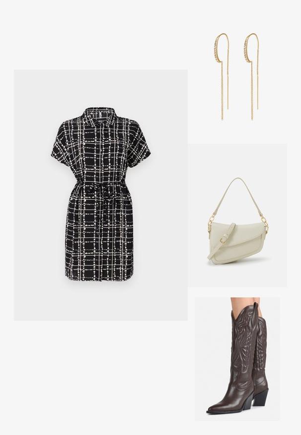 Čierne šaty s krátkym rukávom a bielym mriežkovaným vzorom, s golierom, sťahovaný pás s viazaním a uvoľnený strih.; Hnedé kožené kovbojské topánky s špicatou špičkou a blokovým podrážkou, so zložitým prešívaním a vyvýšenými akcentmi na puzdre.; Malá krémová kabelka s textúrovaným povrchom, dlhým nastaviteľným popruhom, reťazovým detailom a klopovým uzáverom. Zlaté kovové prvky.; Zlaté kruhové náušnice s radom čírych rhinestones. Majú predĺžené reťazové strapce pre moderný dizajn. Hladký kovový povrch.