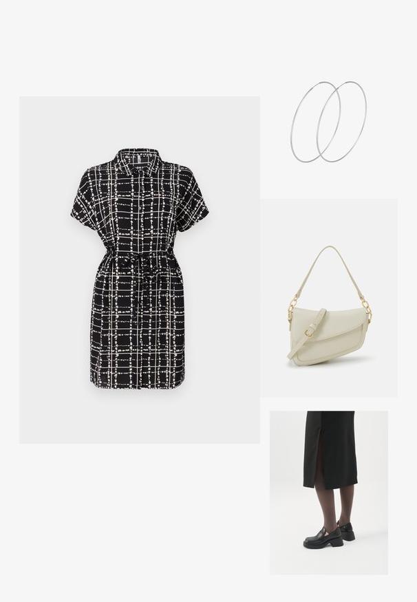 Zwart jurkje met korte mouwen en een wit ruitpatroon, met kraagontwerp, getailleerde taille met een strik en een ontspannen pasvorm.; Zwarte leren schoenen met een ronde neus, dikke blokhak en elastische zijkanten, gecombineerd met donkere panty's en een zwarte rok met een split.; Kleine crèmekleurige handtas met een textuurafwerking, een lange verstelbare schouderband, een kettingaccent en een klepsluiting. Gouden hardware-details.; Zilveren hoepel oorbellen met een minimalistisch ontwerp. Cirkelvormig, gladde textuur en dun profiel. Lichtgewicht met een gepolijste afwerking.