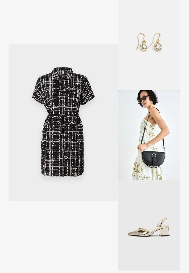 Zwart jurkje met korte mouwen en een wit ruitpatroon, met kraagontwerp, getailleerde taille met een strik en een ontspannen pasvorm.; Gouden, metalen slingback hakken met een spitse neus en een chunky hak. Glad oppervlak, minimalistisch ontwerp en een smalle band.; Zwarte leren handtas met een gebogen vorm, afneembare schouderband en gouden hardware. De tas heeft een klep met een gespsluiting.; Goudkleurige oorbellen met ovaalvormige heldere kristallen omringd door kleinere heldere stenen, met een haakontwerp voor een veilige draagervaring.