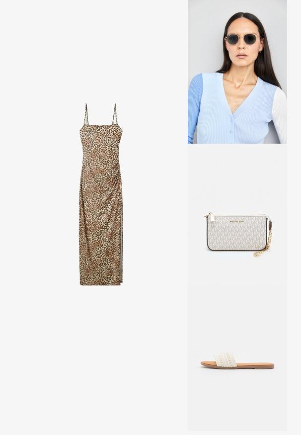 Maxi šaty s leopardím vzorom, nastaviteľnými ramienkami, so zúženým bočným detailom a hladkým, ľahkým materiálom.; Biele tkané šľapky s pletenou textúrou a dekoratívnymi korálkami, so hladkým hnedým vystlaním a plochou gumovou podrážkou.; Okrúhle slnečné okuliare s tmavými šošovkami a zlatým rámom. Modelka má na sebe svetlomodrý pletený kardigán s gombíkmi a bielymi rukávmi v kontraste.; Michael Kors zápästná taška v béžovej potiahnutej plátenej tkanine s opakujúcim sa vzorom loga MK, zlatým kovania a odnímateľným reťazovým popruhom.