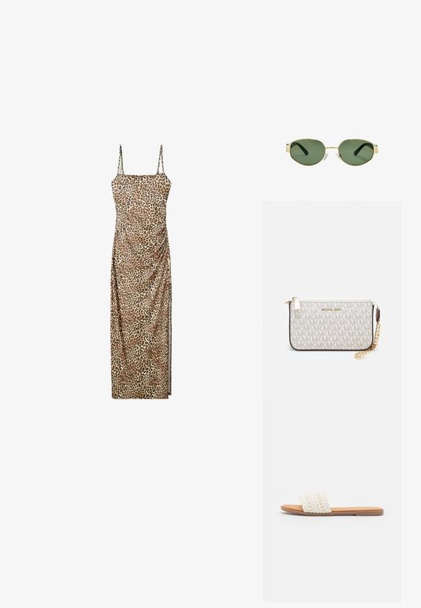 Maxikleid mit Leopardenmuster, verstellbaren Spaghettiträgern, gerafften Seitendetails und einem glatten, leichten Stoff.; Weiße geflochtene Rutschen-Sandalette mit geflochtener Textur und dekorativen Perlen, ausgestattet mit einem glatten, haselnussbraunen Fußbett und einer flachen Gummisohle.; Sonnenbrille mit goldfarbenem Metallrahmen, grünen getönten Gläsern, ovaler Form, schwarzen Bügeln und klaren Nasenpads. Sauberes, minimalistisches Design.; Michael Kors Clutch in beige beschichtetem Canvas mit einem wiederholten MK-Logo-Muster, goldfarbener hardware und einem abnehmbaren Kettenriemen.